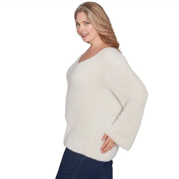HEARTS OF PALM Plus Size 1X To Shine Eyelash V-Neck Sweater Ivory Gold MSRP $62 - Picture 4 of 5